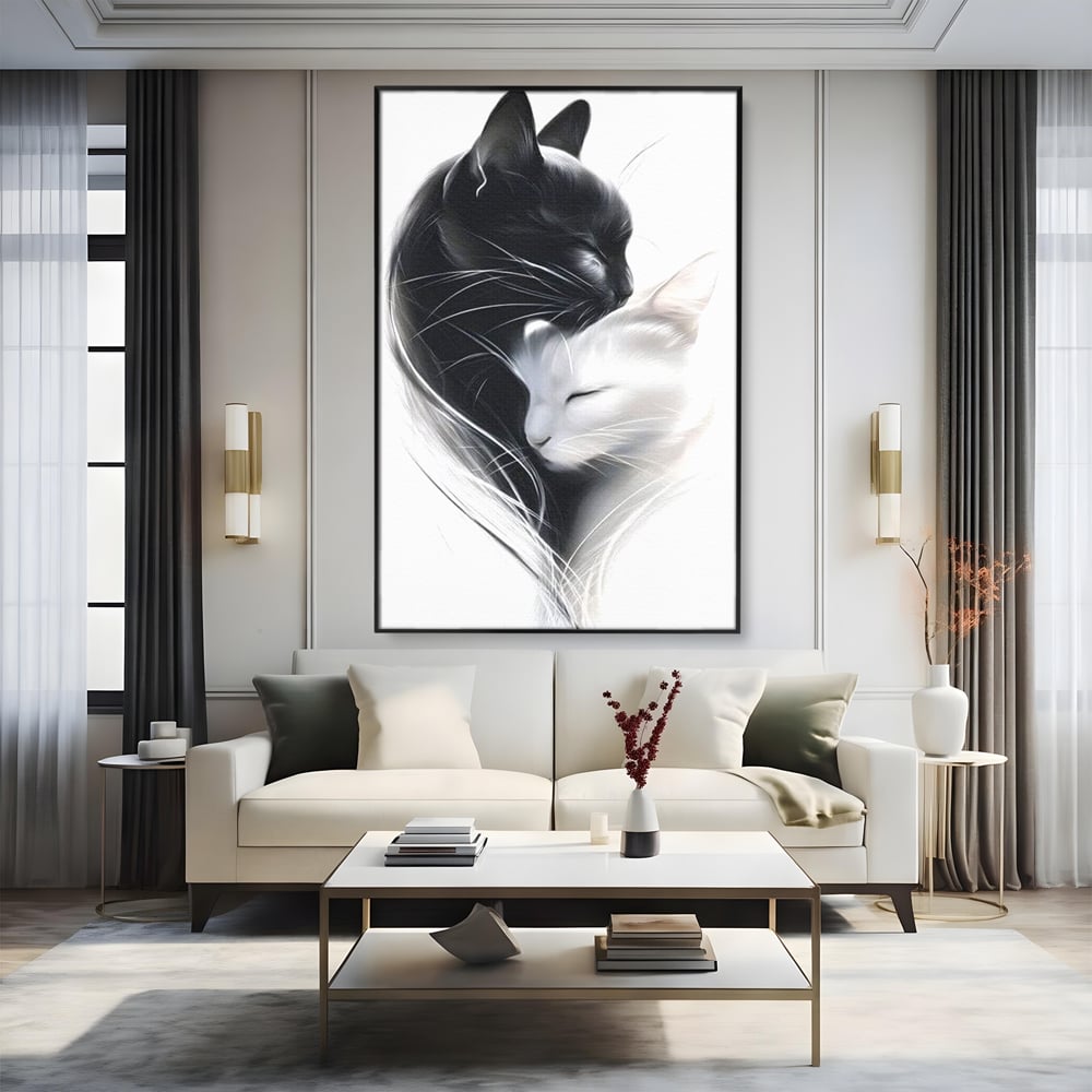 Tablou canvas cu tablou canvas cu pisici alb si negru, in rama de aluminiu negru, pe perete intr-un living